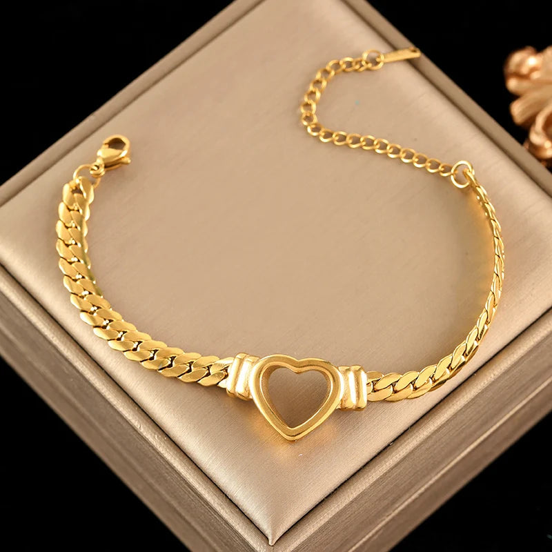 EILIECK 316L Stainless Steel Hollow Heart Necklace Bracelet Set Minimalist Metal Texture Women Water Resistant Jewelry Lady Gift