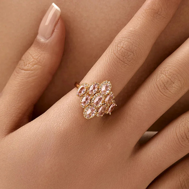 Personalized 18k Gold Plated Exquisite Zircon Ring with Opening Design European American Style Elegant Women Finger Ring