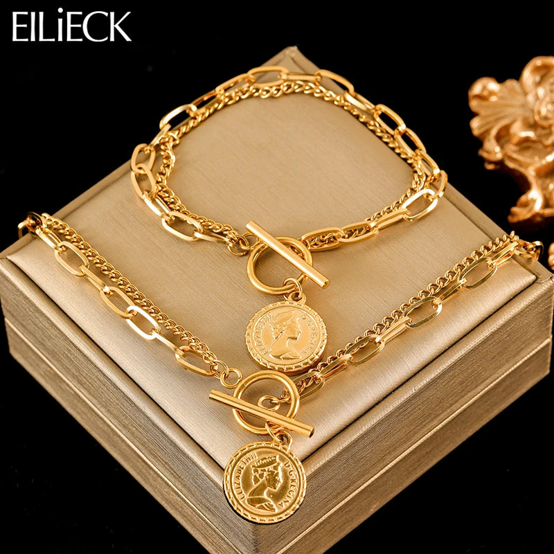 EILIECK 316L Stainless Steel Gold Color Portrait Coin Necklace Bracelets Set For Women New Trendy OT Buckle Waterproof Jewelry