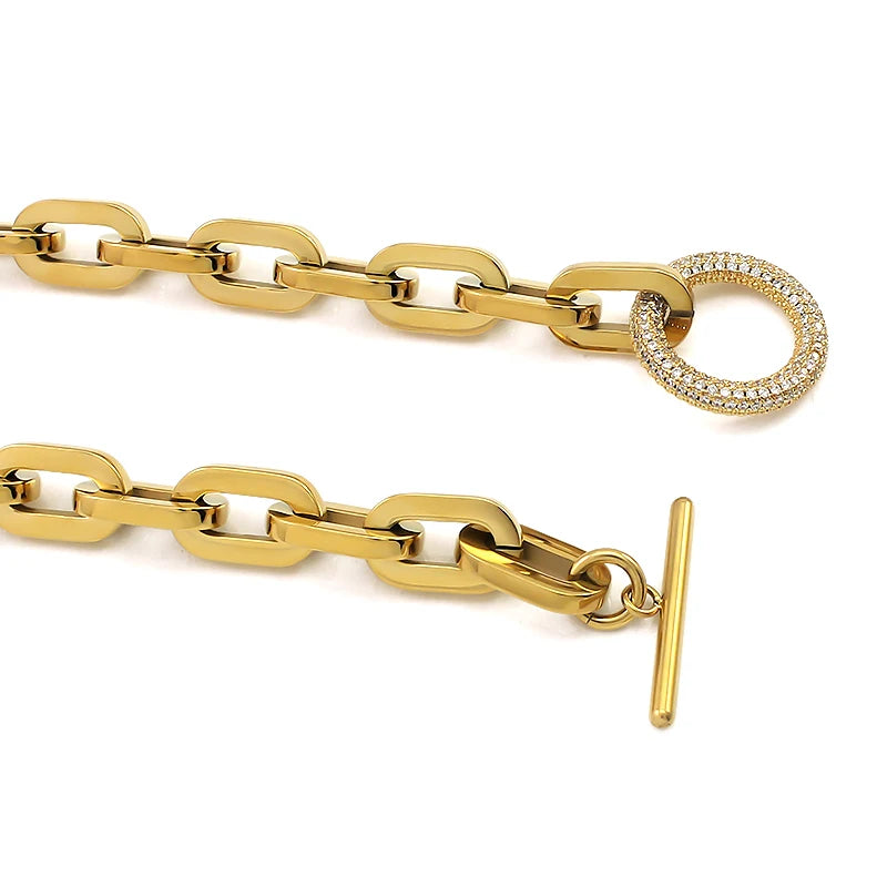 Stainless Steel Necklace Chain T Toggle Clasp Crystal Stones Link Lock Thick Clavicle Chain Choker Necklaces for Women Necklace