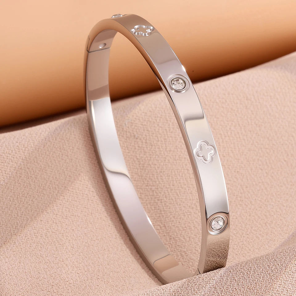 Yupsk 4/1Pcs Inlaid Zircon Stainless Steel Stackable Bracelet Delicate Flower Design Bangles Women's Fashion Versatile Jewelry
