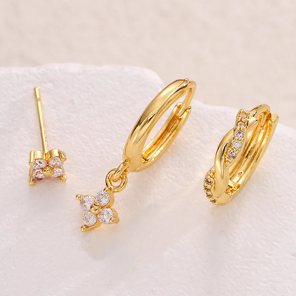 Dainty Gold-Plated Flower Dangle Hoop & Stud Stackable Earrings Set, 3 Pcs/Set