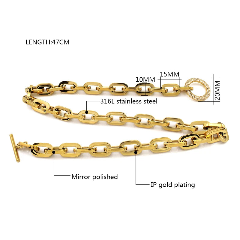 Collier en acier inoxydable avec chaîne et fermoir toggle en T, pierres de cristal, maillon épais, collier ras du cou pour femmes