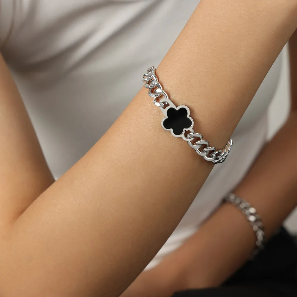 Stainless Steel New Hip Hop Plant Five Leaf Flower Set Shell Bracelet Necklace Women's Minimalist Cuban Chain Clover