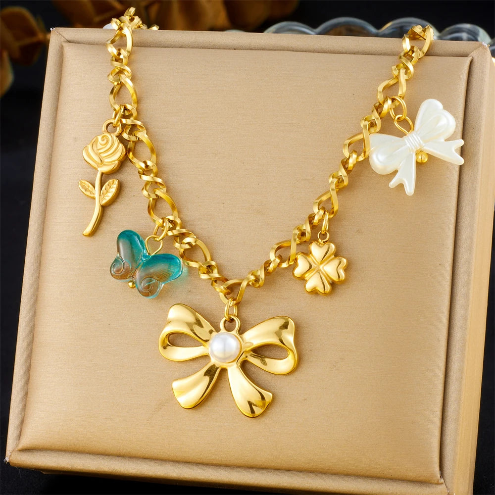 DIEYURO 316L Stainless Steel Golden Heart Flower Turquoise Multi Pendant For Womnen New Trend Chain Rustproof Jewelry Party Gift