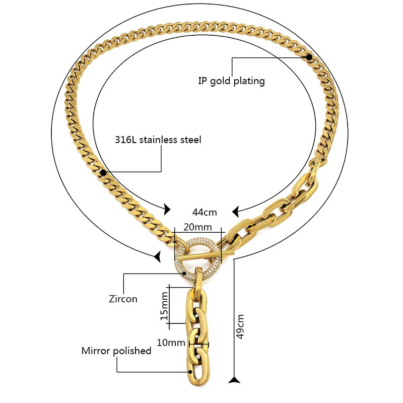 Circle Rhinestone Crystals Lock Stainless Steel Long Chain Tassel Pendant Necklace Choker Cuban Link Chain Statement Necklace