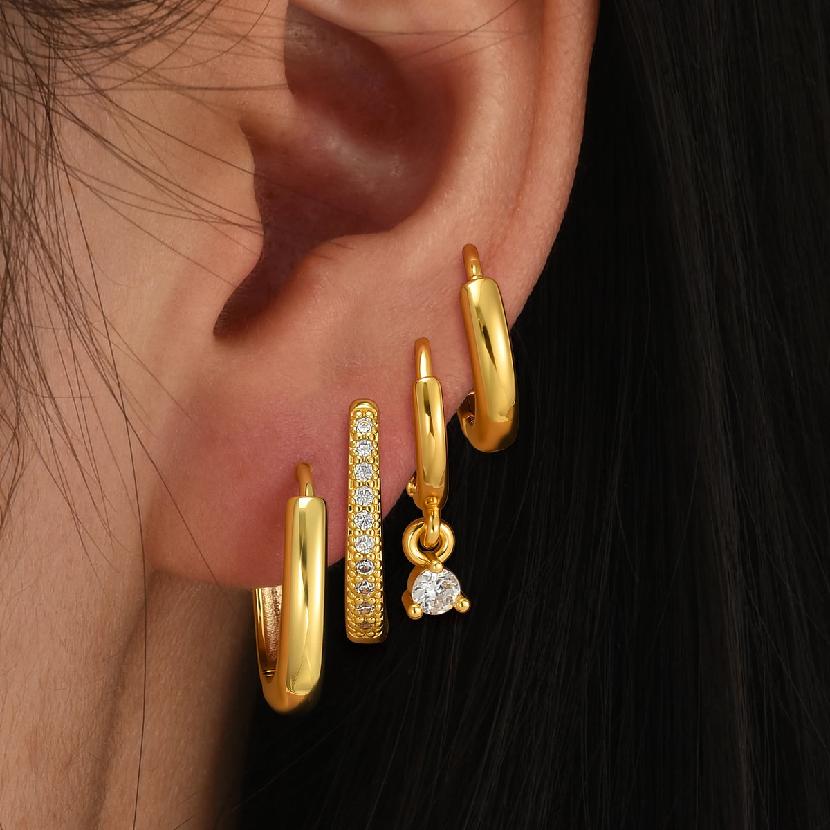 Luxury Gold-Plated Geometric Zircon Huggie Hoop Earrings Set, 4 Pcs/Set