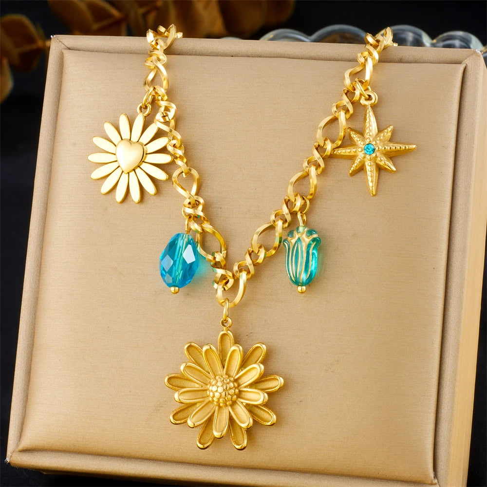 DIEYURO 316L Stainless Steel Golden Heart Flower Turquoise Multi Pendant For Womnen New Trend Chain Rustproof Jewelry Party Gift