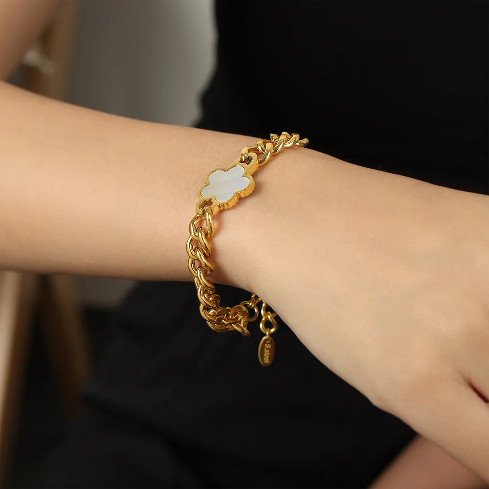 Stainless Steel New Hip Hop Plant Five Leaf Flower Set Shell Bracelet Necklace Women's Minimalist Cuban Chain Clover