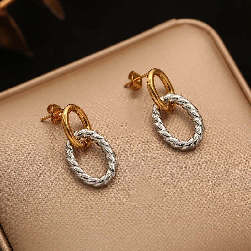 EILIECK 316L Stainless Steel Metal Two-Color Geometric Stud Earrings For Women Trendy High-Quality Waterproof Earring Jewelry