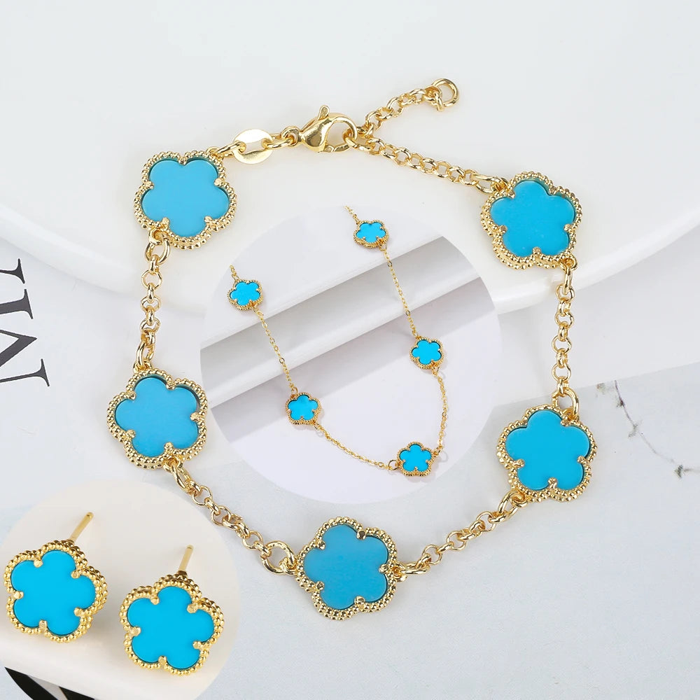 Hot Sale 14 Colors Five-Leaf Flower Set Bracelet Necklace Classic Simple Women Jewelry Set Suitable For Daily Party Wear Clover
