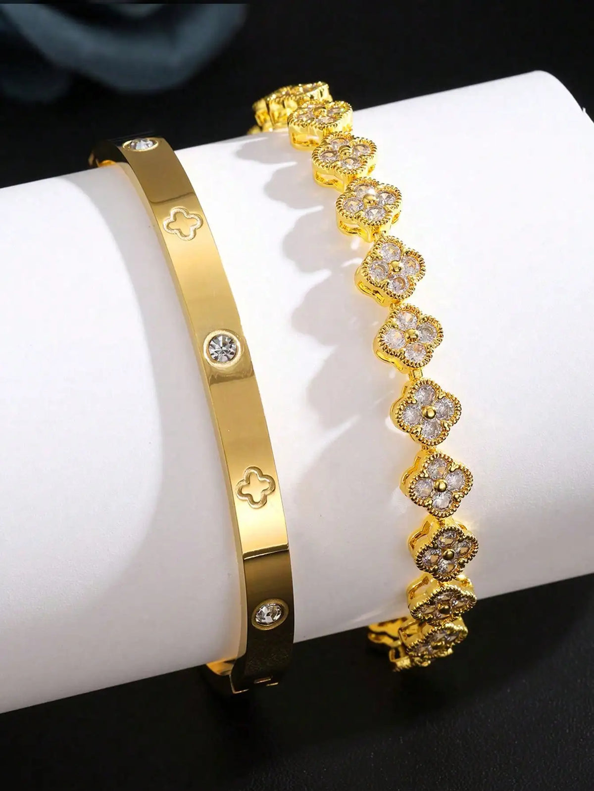 2PCS French Delicate Lucky Clover Stainless Steel Zircon Bracelet