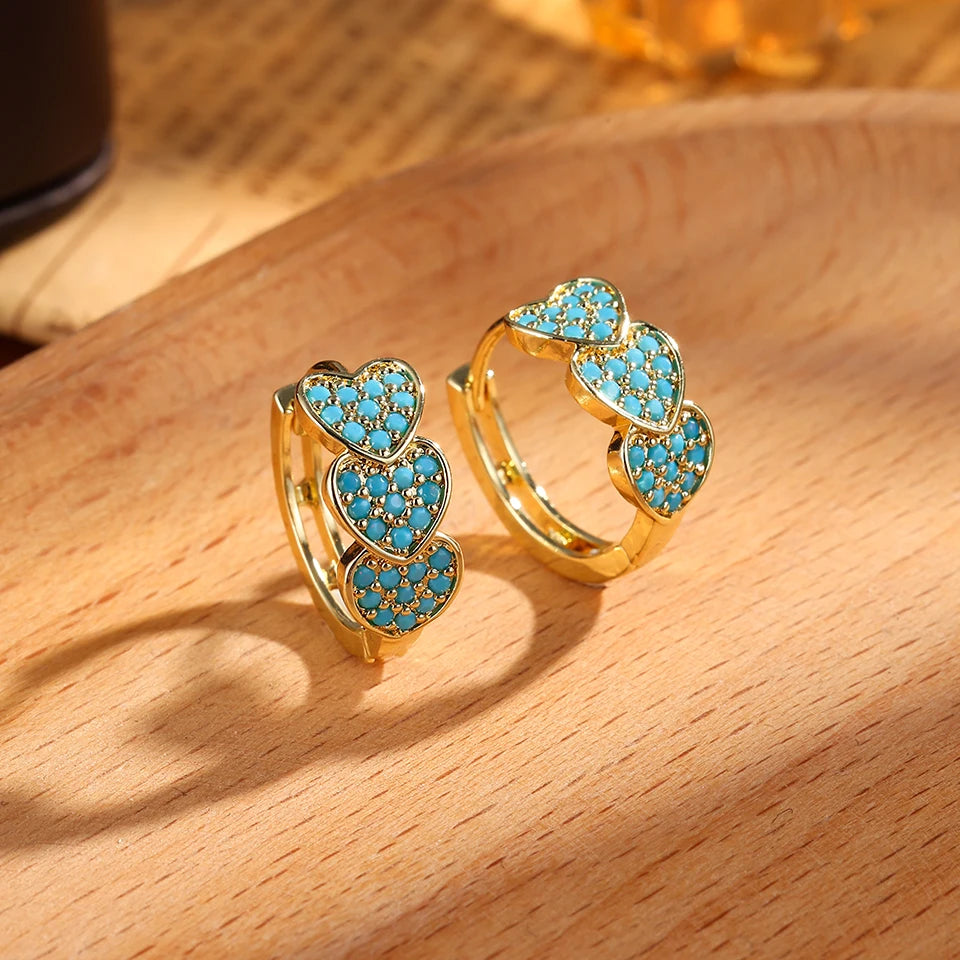 Luxury Gold-Color Plated Turquoise & Micro-Inlaid Blue Zircon Hoop Earrings