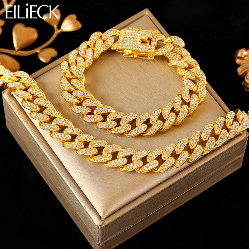 EILIECK Thick Cuban Zirconia Chain Necklace Bracelet Set For Women New Punk 18K Gold Plated Waterproof Jewelry Party Gift Bijoux