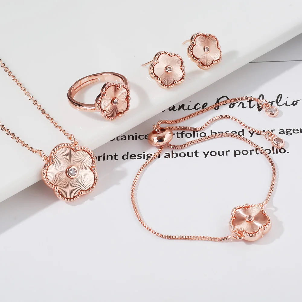 4pc Double-Sided Plum Blossom Jewelry Set Zircon New Hot Selling Plant Five Leaf Flower Women's High-Quality Clover