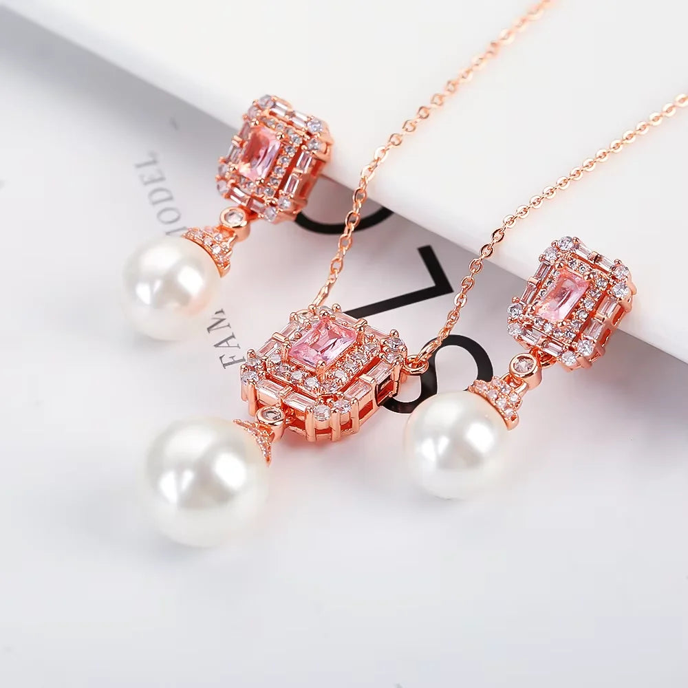 Luxury New Design Simple Irregular Pearl Classic Retro Pendant Necklace Earring Jewelry Set 18K Gold Plated Square Crystal Women