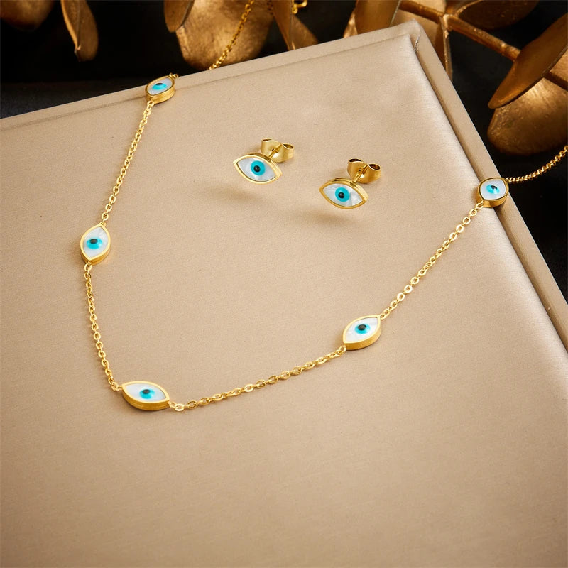 DIEYURO 316L Stainless Steel Tree of Life Turquoise Golden Necklace Earrings For Womens 2024 New Party Gift Fashion Jewelry Set