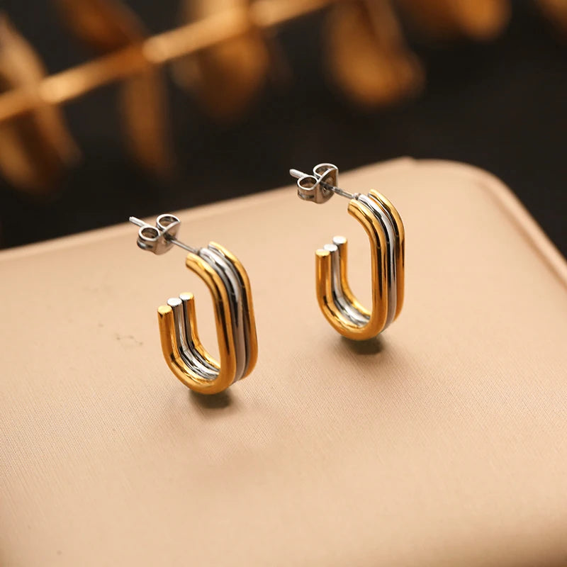 EILIECK 316L Stainless Steel Metal Two-Color Geometric Stud Earrings For Women Trendy High-Quality Waterproof Earring Jewelry