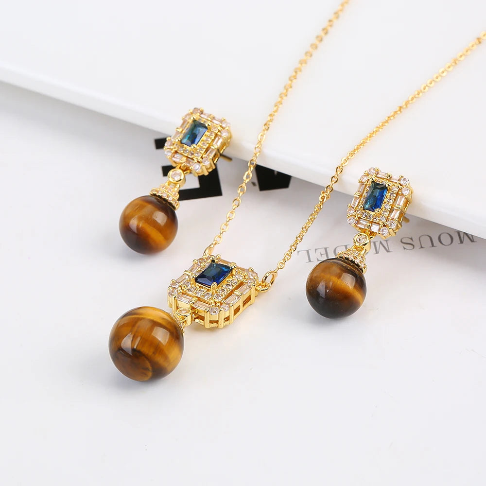 Luxury New Design Simple Irregular Pearl Classic Retro Pendant Necklace Earring Jewelry Set 18K Gold Plated Square Crystal Women