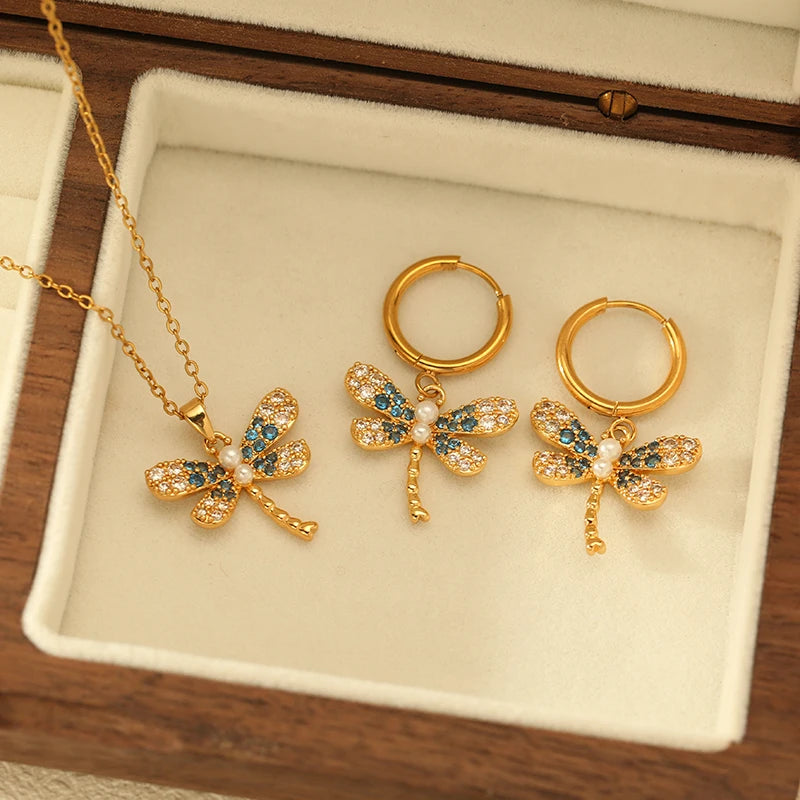 EILIECK 316L Stainless Steel Dragonfly Rhinestone Pearl Necklace Earrings Set For Women Trendy Gift Luxury Waterproof Jewelry