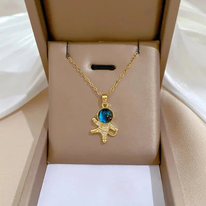 Light Luxury Titanium Steel Star Series Planet, Moon & Astronaut Pendant Necklace
