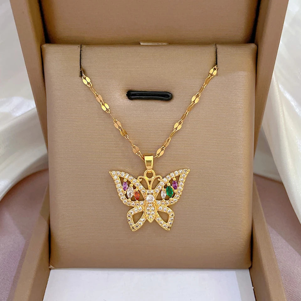 Classic Gold-Color Stainless Steel Shiny Zircon Geometric Heart Pendant Necklace