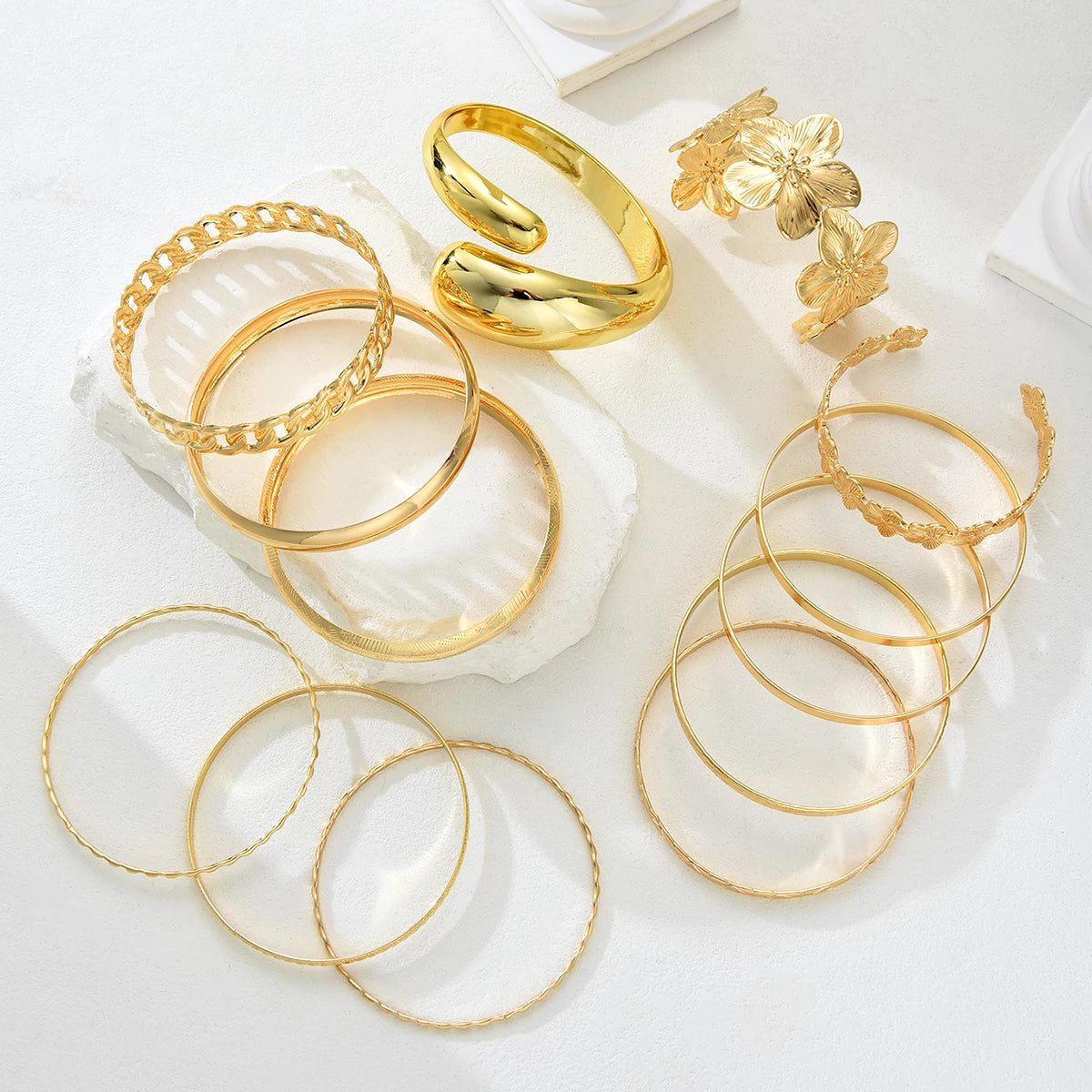 Vintage Minimalist Flower & Hollow Chain Water Drop Bangle Set, 13 Pcs/Set