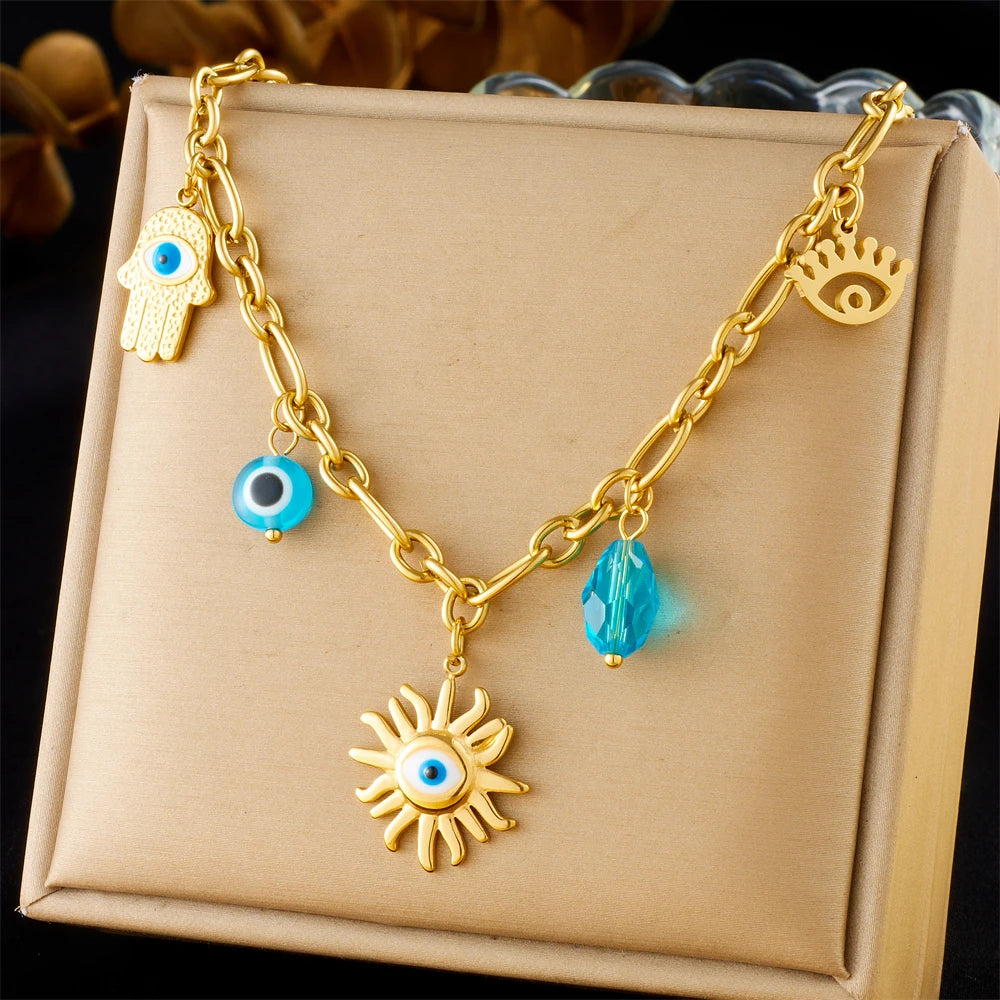 DIEYURO 316L Stainless Steel Golden Heart Sun Multiple Pendants Necklace Women New Fashion Marine Style Neck Chain Jewelry Gift