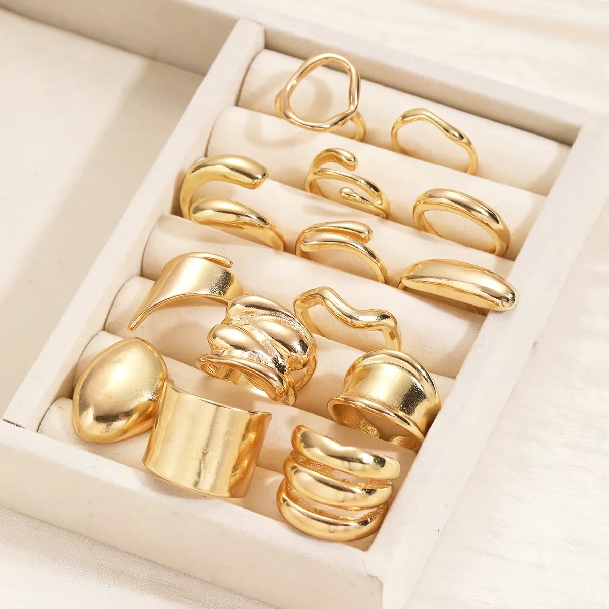 Vintage Exaggerated Smooth Asymmetrical Geometric Rings Set, 14 Pcs/Set