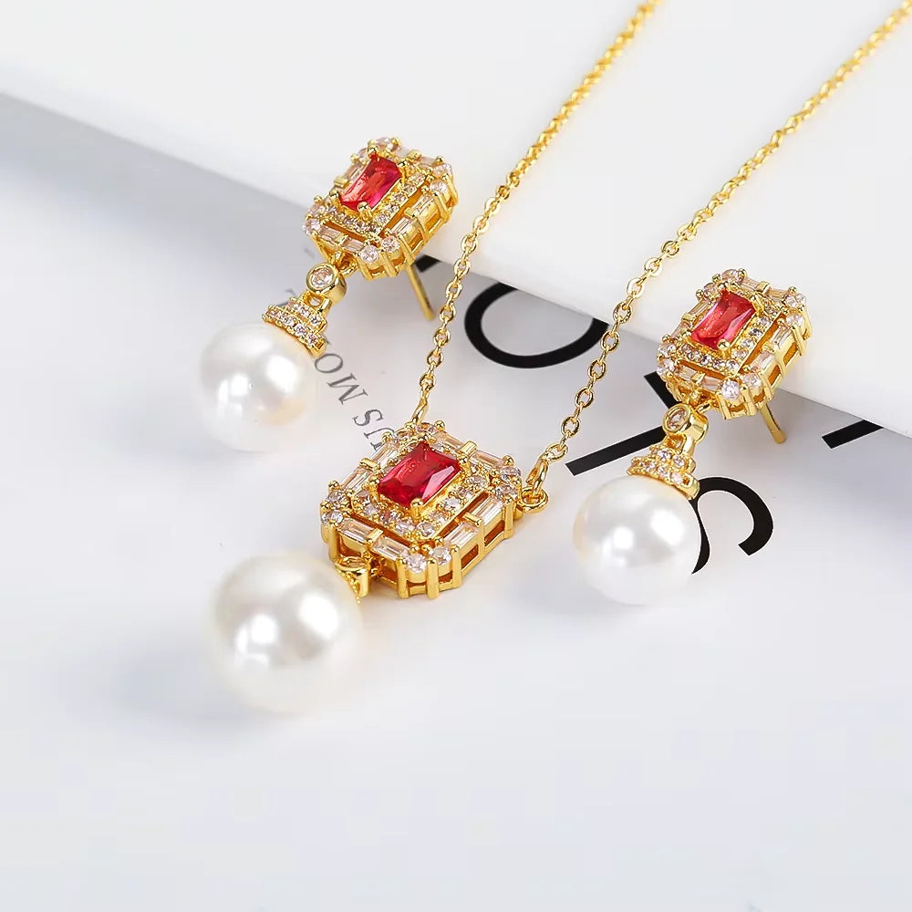 Luxury New Design Simple Irregular Pearl Classic Retro Pendant Necklace Earring Jewelry Set 18K Gold Plated Square Crystal Women