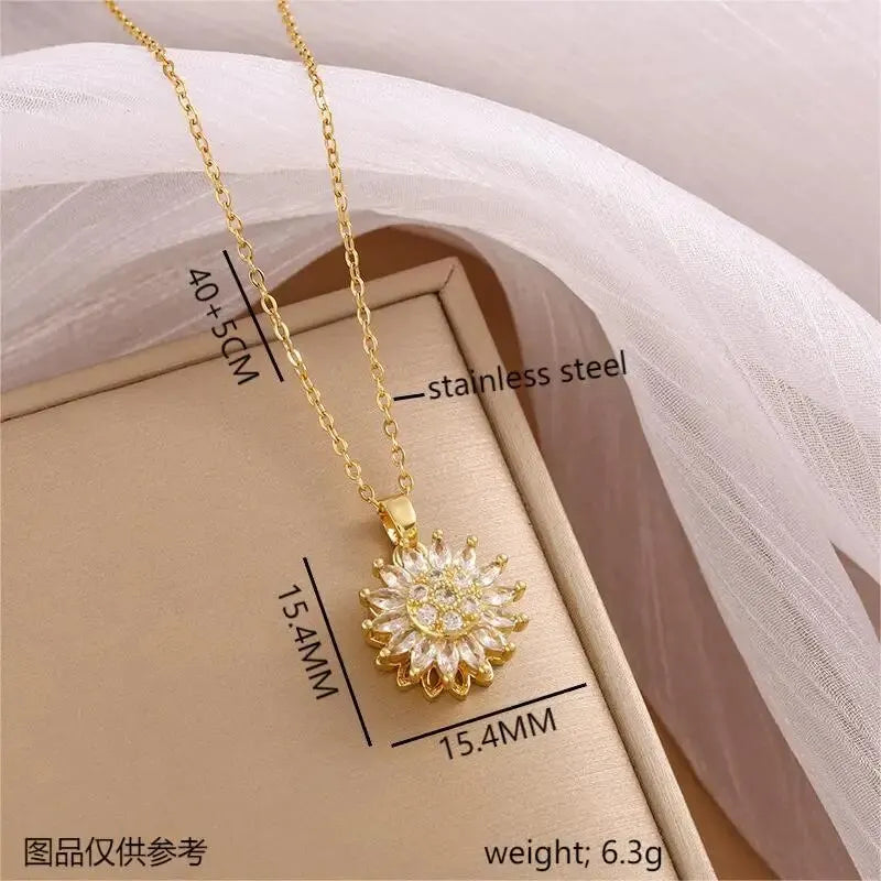 Trendy Rotating Spinner Sunflower Stainless Steel & Zircon Pendant Necklace