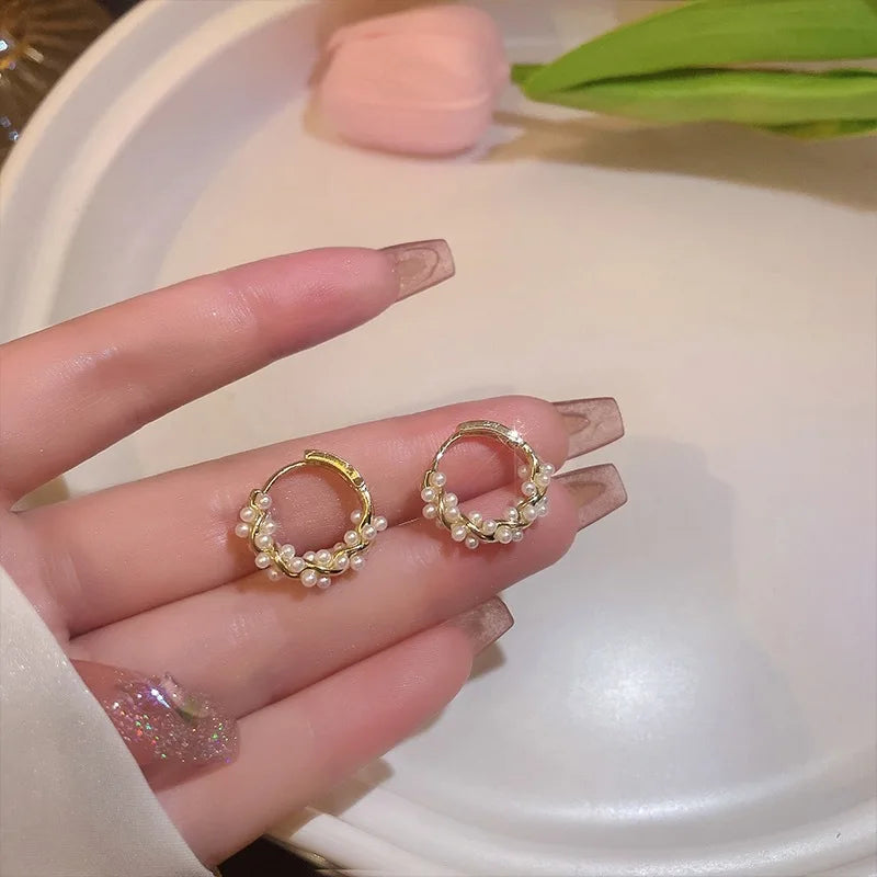 French-Style Minimalist Small Round Imitation Pearl Hoop Earrings