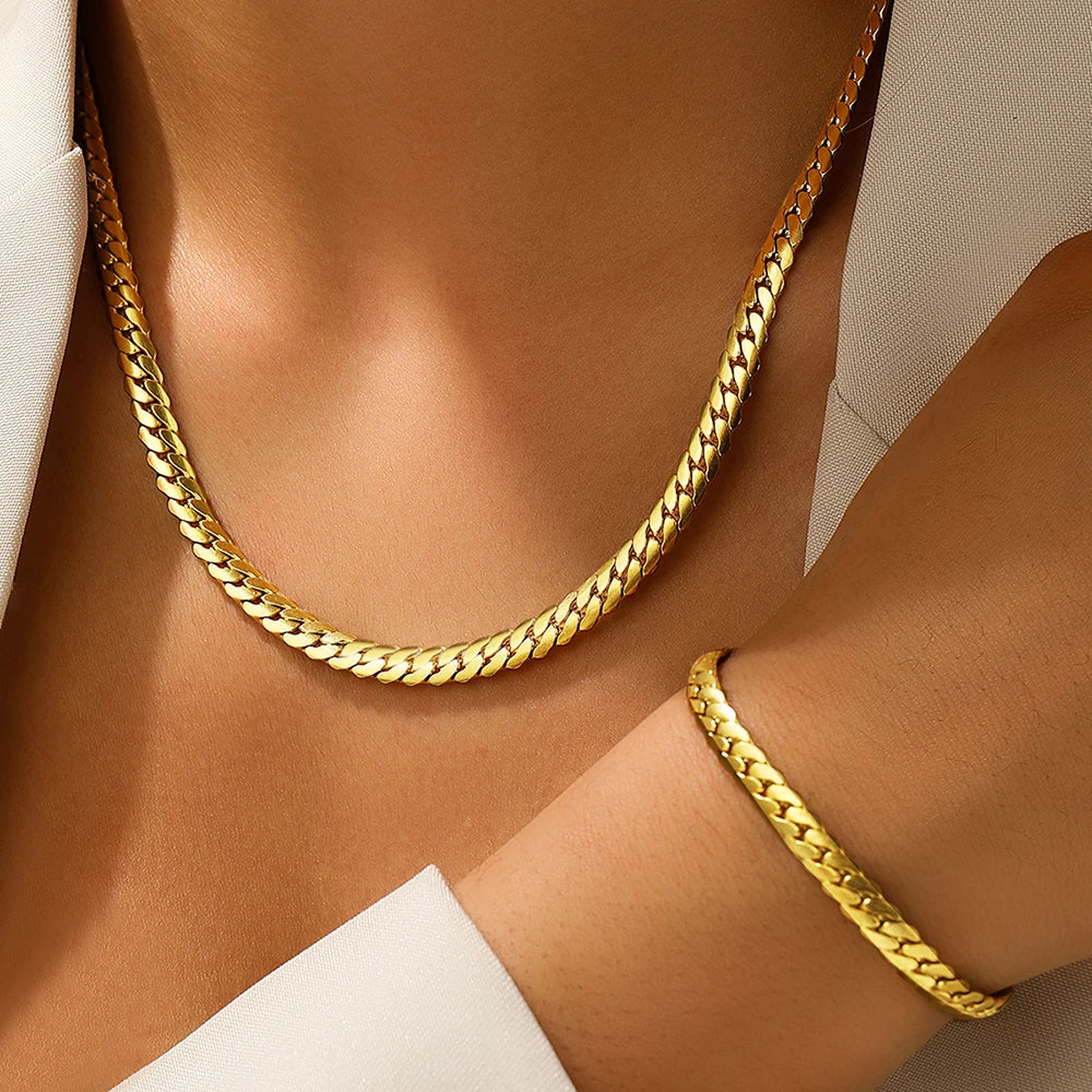 Aomogo Stainless Steel Simple Flat Cuban Chain Bracelet Necklace Jewelry Set 18k Gold Plated Fashion Thick Chain Fashion Jewelry