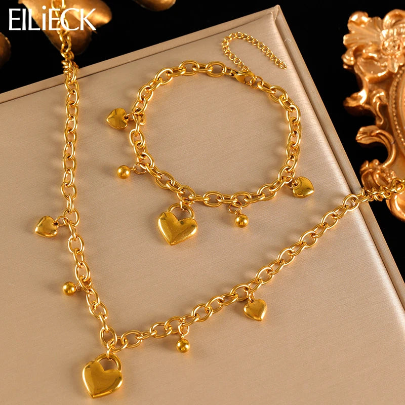 EILIECK 316L Stainless Steel Metal Heart Beads Charms Necklace Bracelet Set For Women Fashion Statement Waterproof Jewelry Gift