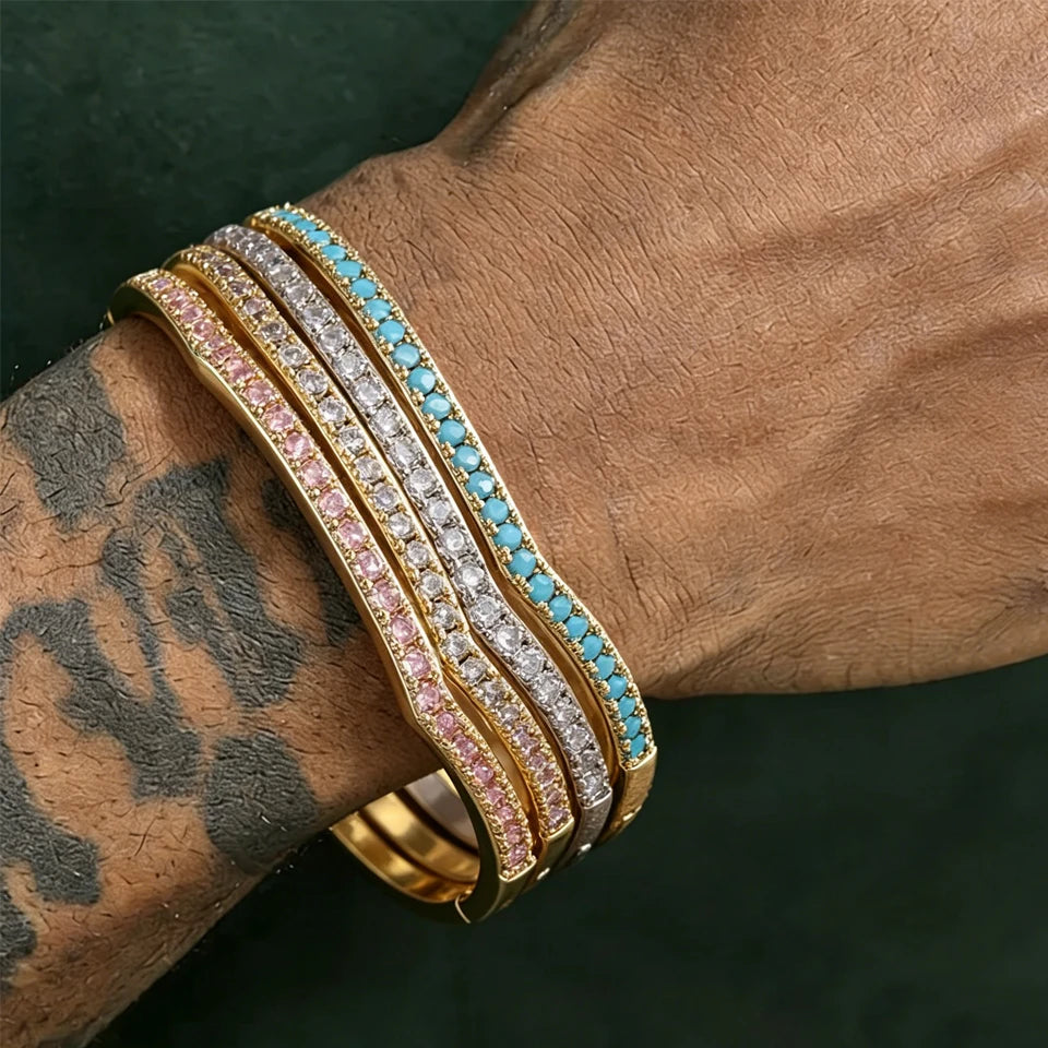 ZAKOL 4 Colors Blue Turquoise Round CZ Zircon Inlaid Bracelet for Women Wavy Slim Bangles Trendy Exquisite Jewelry Gifts