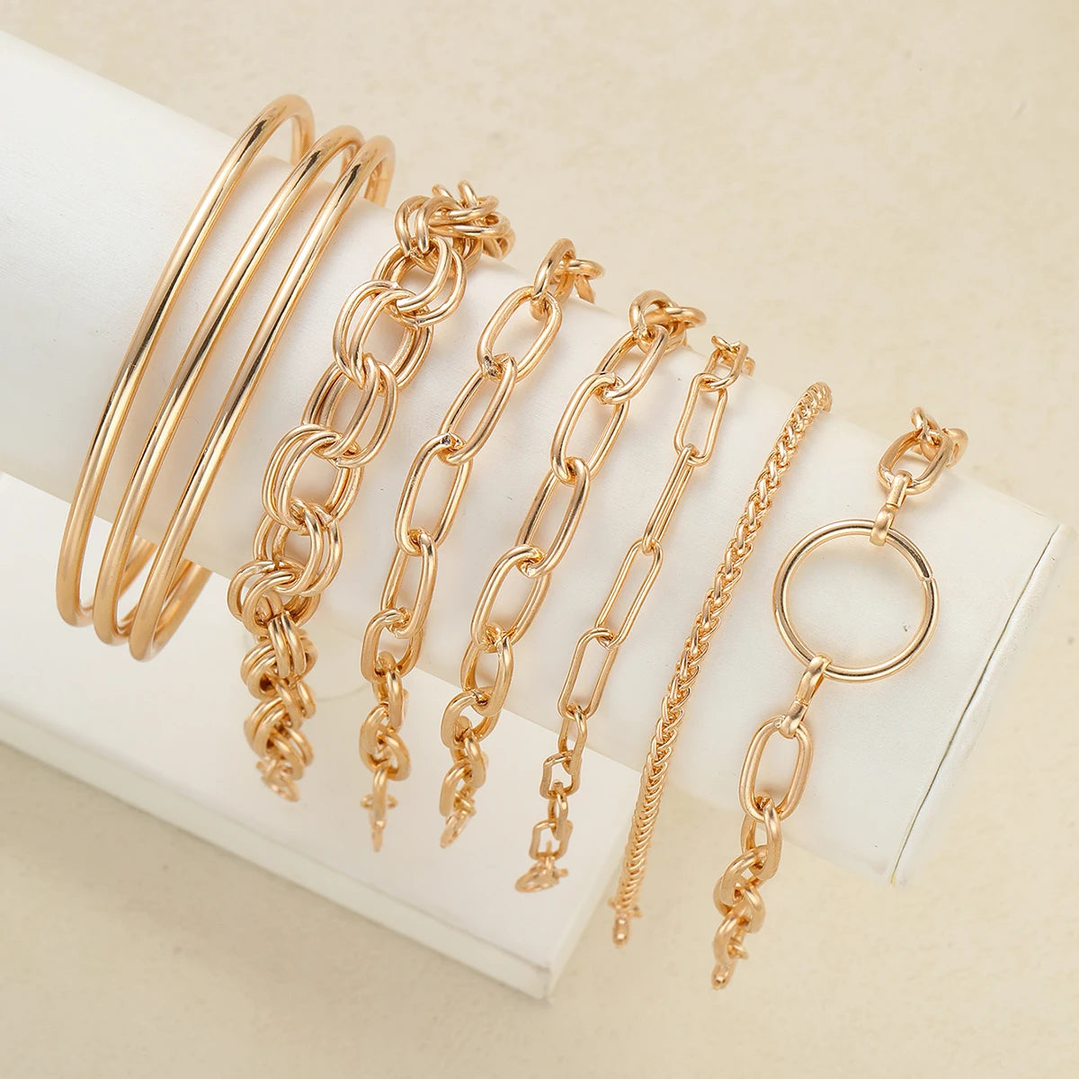 Chunky Minimalist Paperclip & Oval Link Stackable Open Bangle Bracelet Set, 9 Pcs/Set
