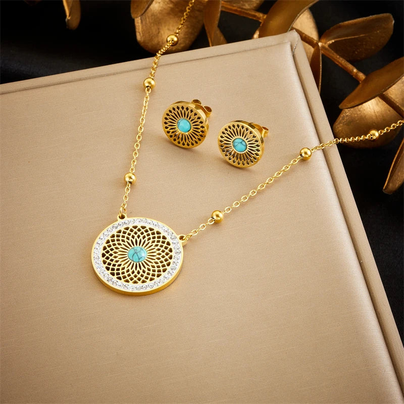 DIEYURO 316L Stainless Steel Tree of Life Turquoise Golden Necklace Earrings For Womens 2024 New Party Gift Fashion Jewelry Set