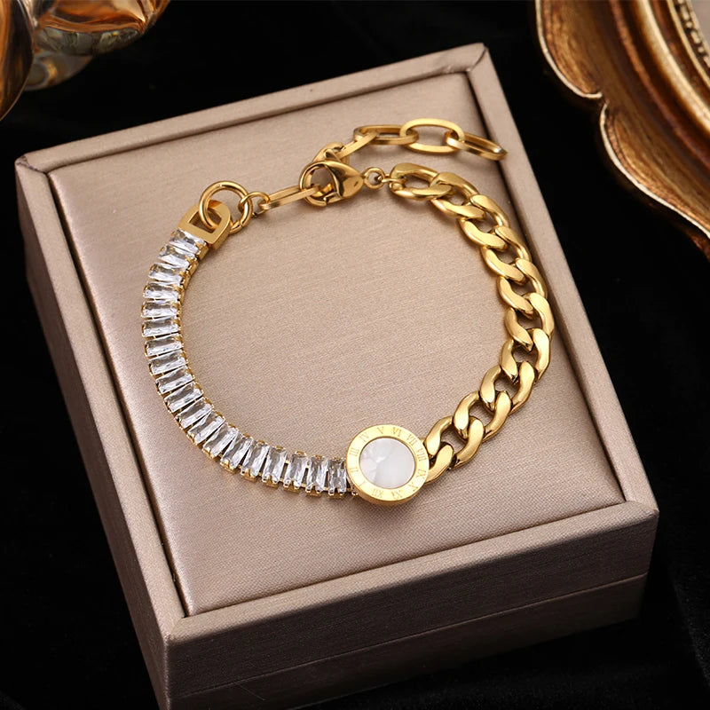 EILIECK 316L Stainless Steel Round Roman Numerals Charms Bracelet For Women Trendy Waterproof Hand Chain Summer Vacation Jewelry
