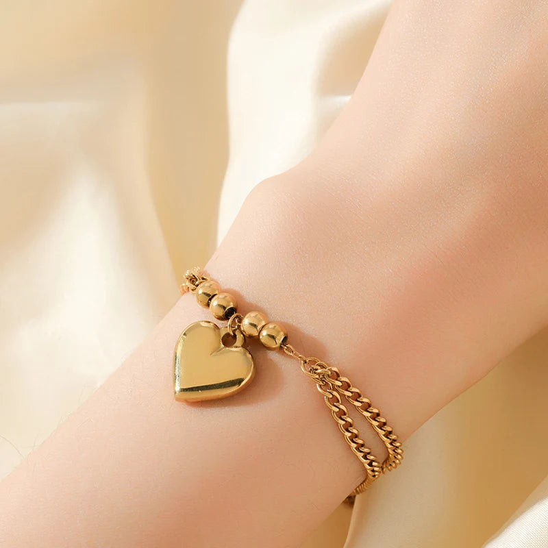 EILIECK 316L Stainless Steel Gold Color Smooth Heart Charm Necklace Bracelets Set For Women Trendy Waterproof Jewelry Lady Gift
