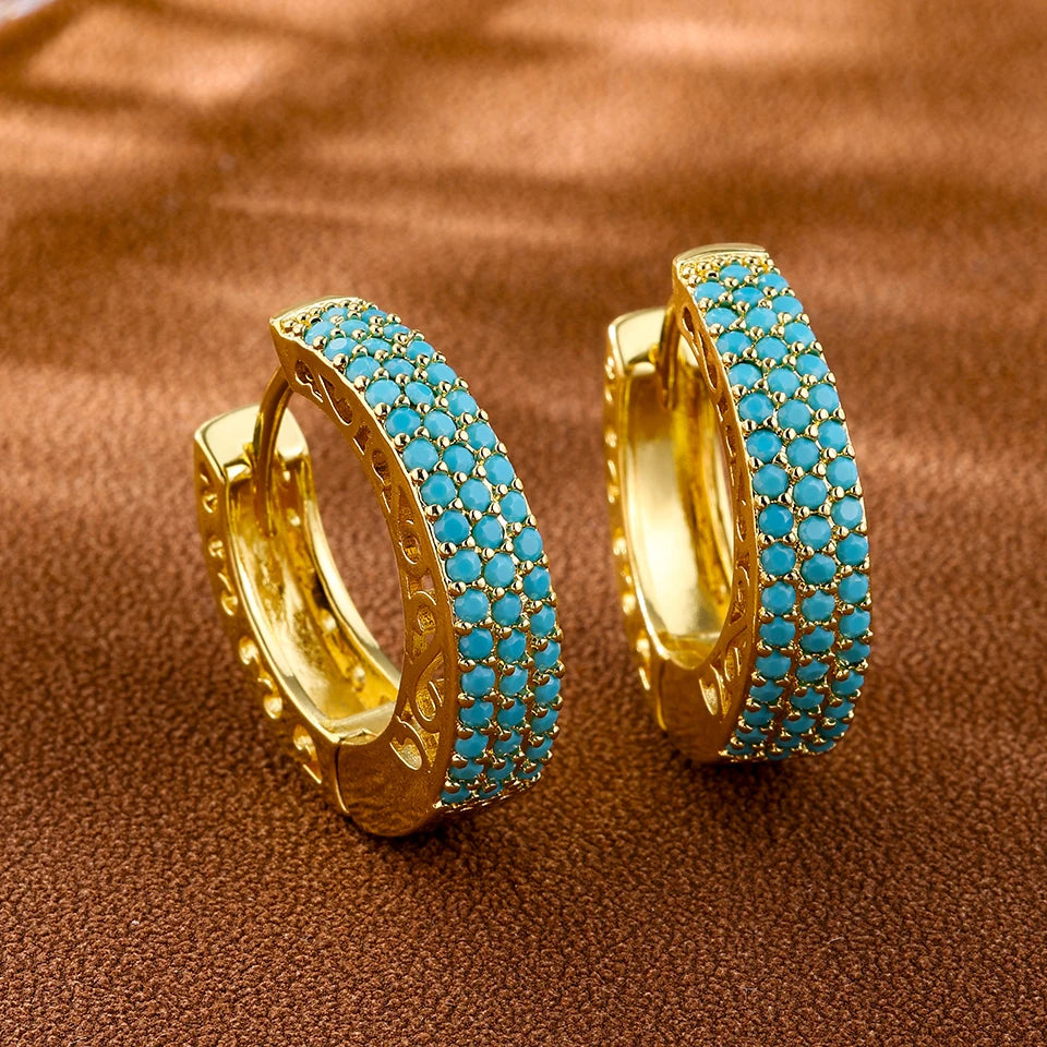 Luxury Gold-Color Plated Turquoise & Micro-Inlaid Blue Zircon Hoop Earrings