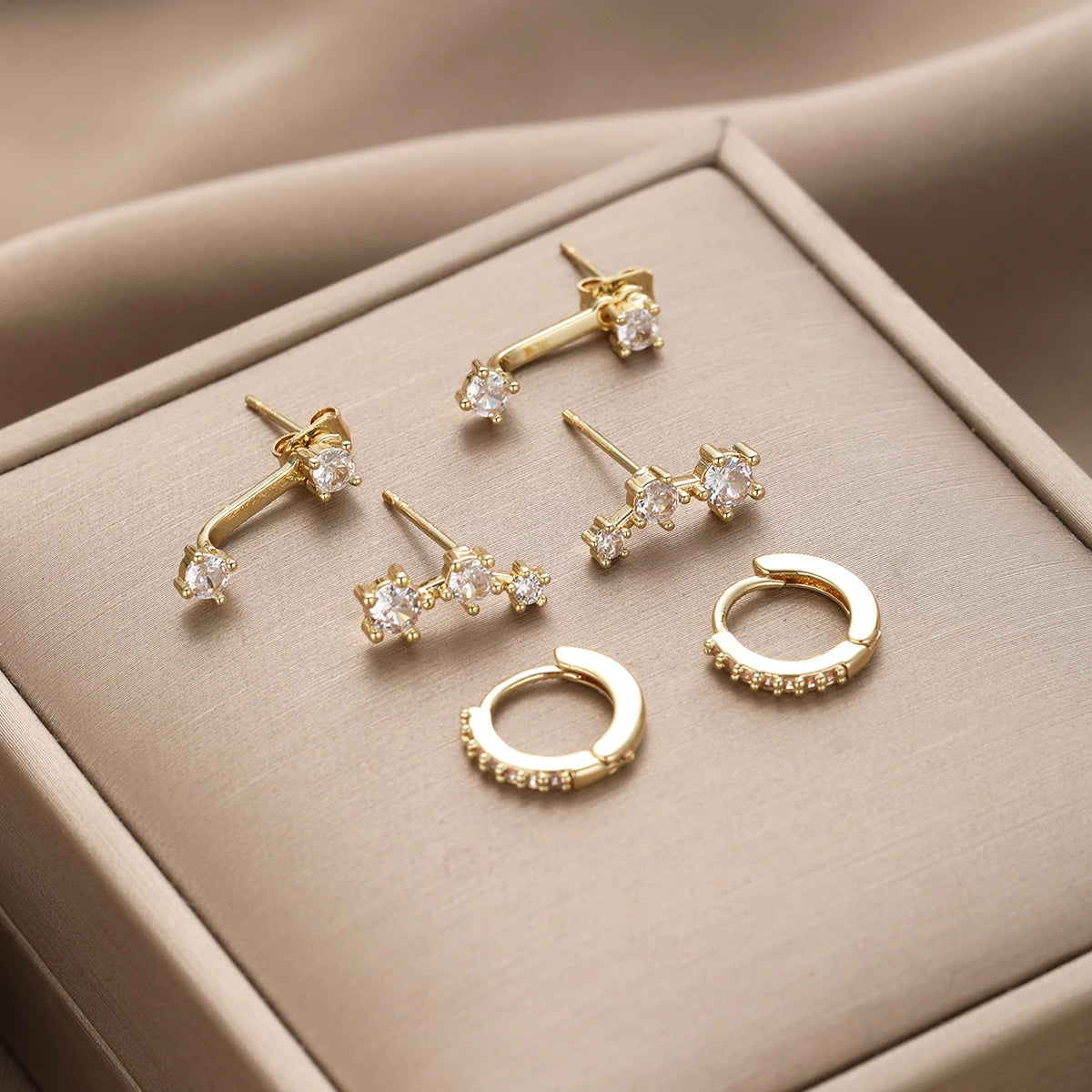Minimalist Exquisite Gold Color Zircon Stud Earrings Set, 3 Pcs/Set
