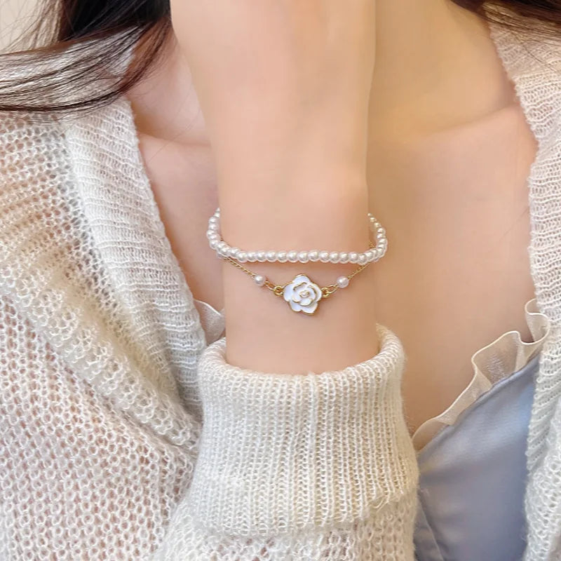 Vintage White Camellia Flower Bracelets for Women Elegant Double Layer Simulated Pearl Beads Chain Bracelet Jewelry Trend
