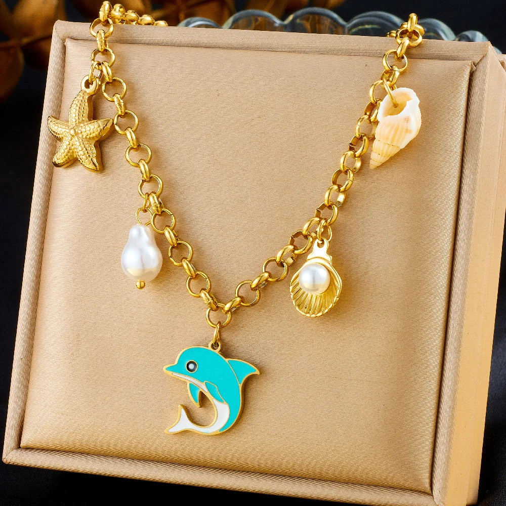DIEYURO 316L Stainless Steel Golden Heart Sun Multiple Pendants Necklace Women New Fashion Marine Style Neck Chain Jewelry Gift