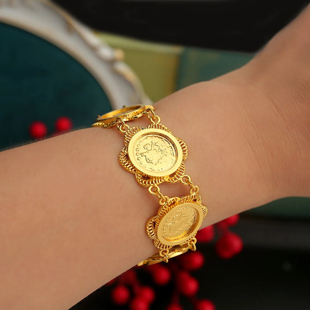 Nouveau Bracelet Chaîne Pièce Turque Plaqué Or pour Femmes Bracelet Manchette de Mariée Style Moyen-Orient Accessoire de Mariage de Luxe