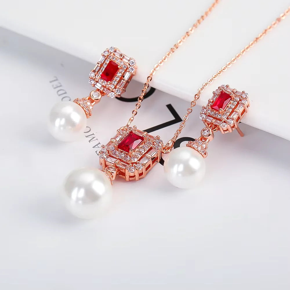 Luxury New Design Simple Irregular Pearl Classic Retro Pendant Necklace Earring Jewelry Set 18K Gold Plated Square Crystal Women