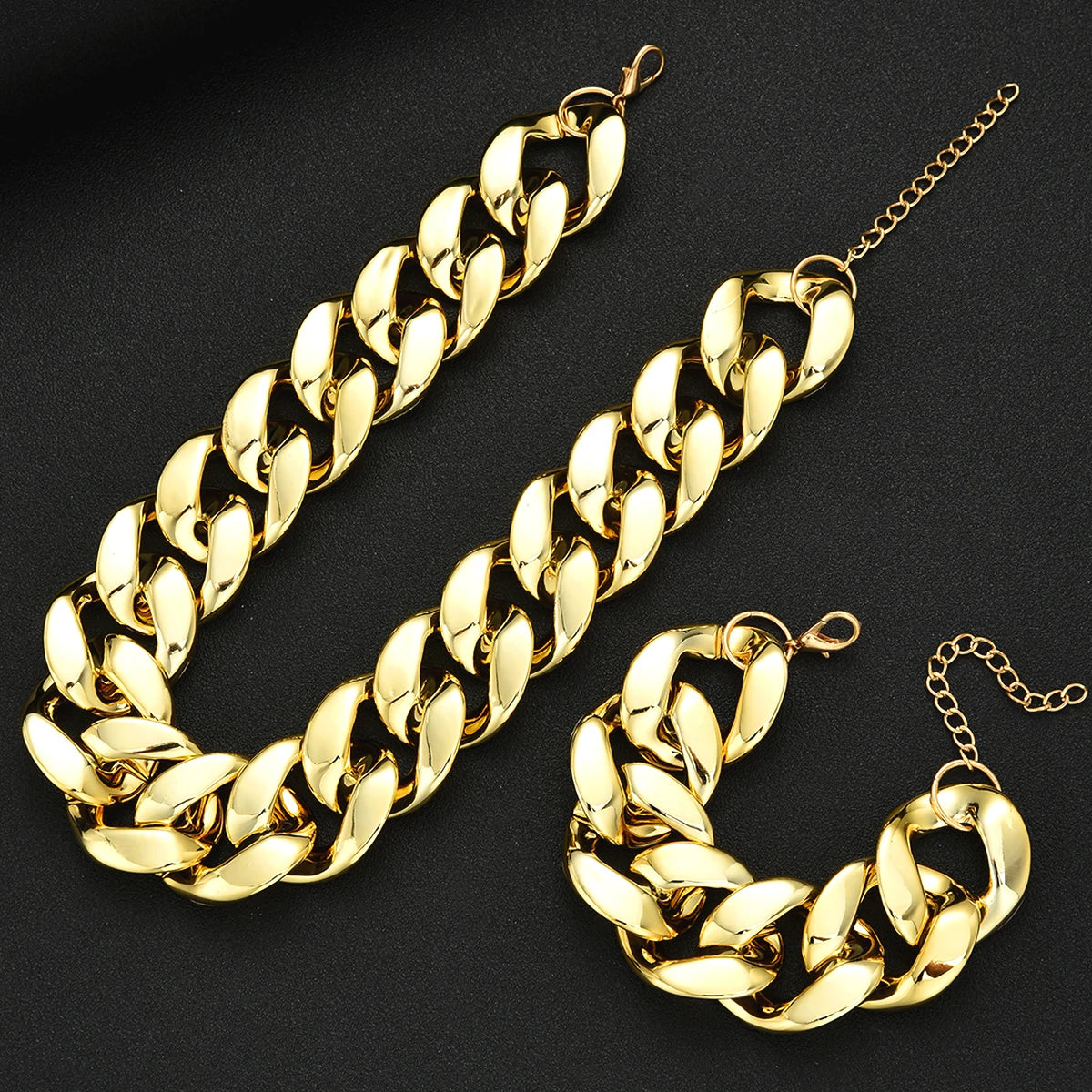 Vintage Chunky Gold Color Cuban Chain Jewelry Set, 2 Pcs/Set