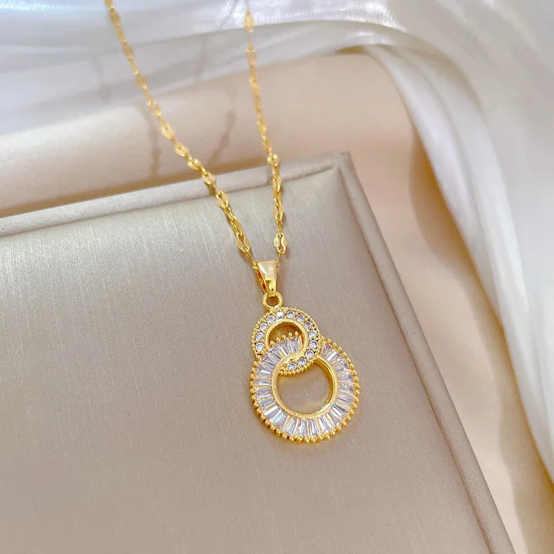 Classic Gold-Color Stainless Steel Shiny Zircon Geometric Heart Pendant Necklace