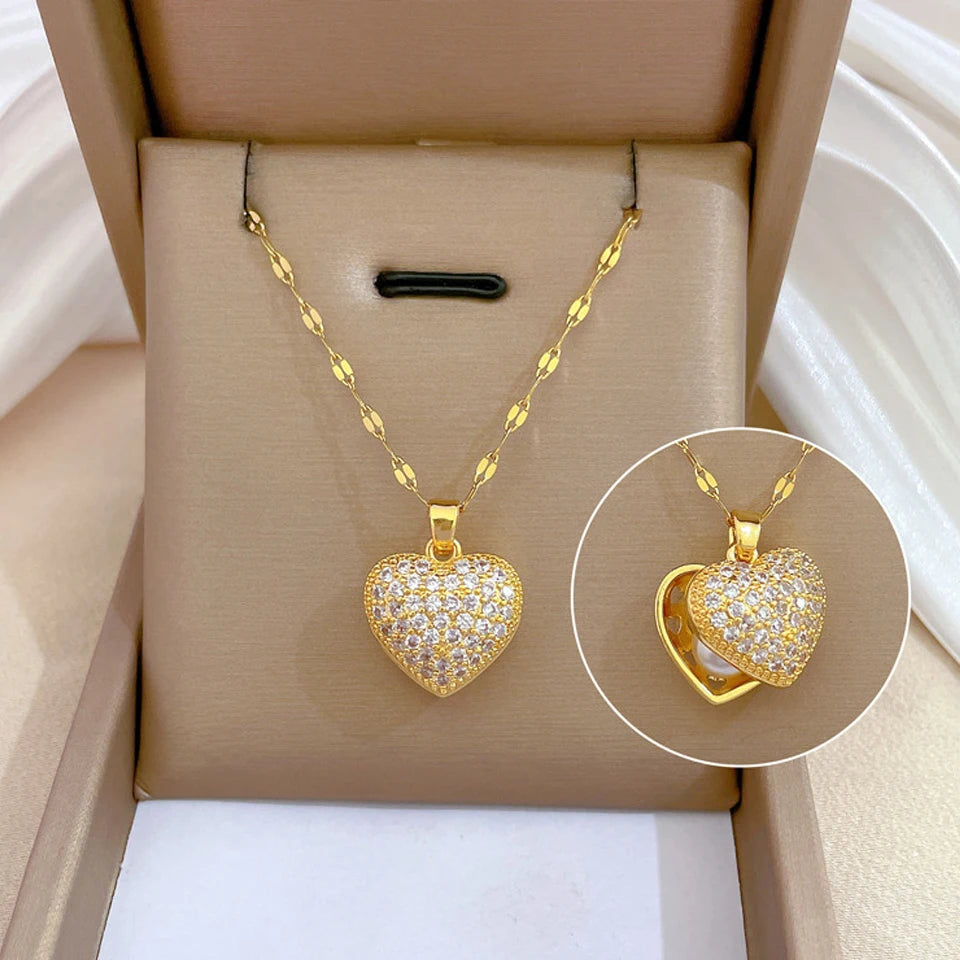 Classic Gold-Color Stainless Steel Shiny Zircon Geometric Heart Pendant Necklace