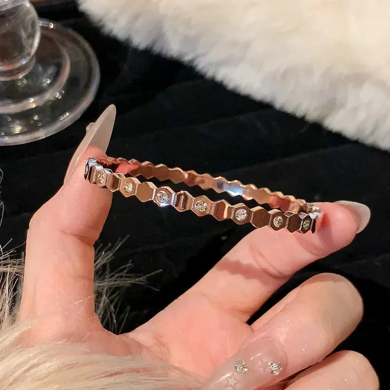 Titanium Steel Rose Gold Sparkling Zircon Waterproof Bangle