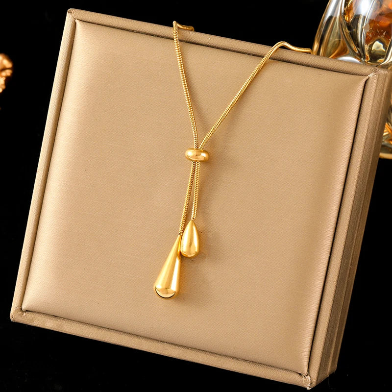 EILIECK 316L Stainless Steel Gold Color Teardrop Tassel Necklace Earrings For Women New Gift Hypoallergenic Waterproof Jewelry